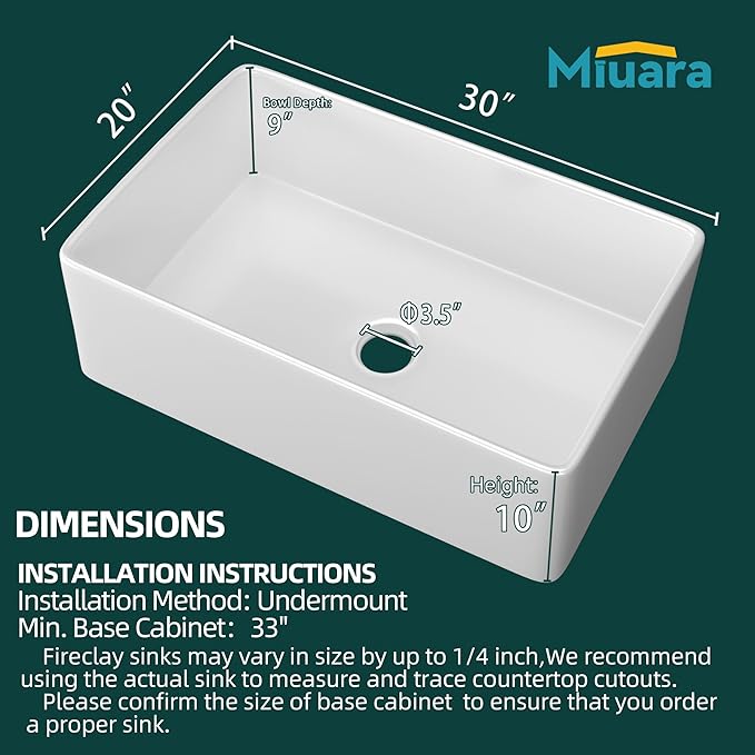Miuara Farmhouse Sink 30 Inch - White Apron Front Undermount Kitchen Sink Reversible 30"x20"x10", Farm House Style Deep Single Bowl, Heavy Duty Solid Fireclay, Glossy White, for Kitchen