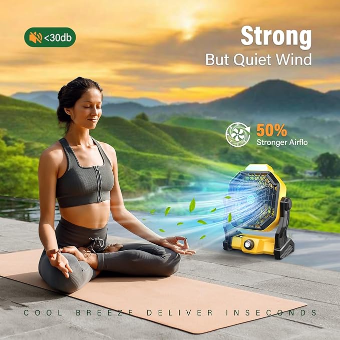 10400mAh Solar Fan with LED Lantern, Camping Fan with 7W Solar Panel, Rechargeable Solar Powered for Outside, Quiet Battery Operated Tent for Picnic, Barbecue, Fishing, Travel