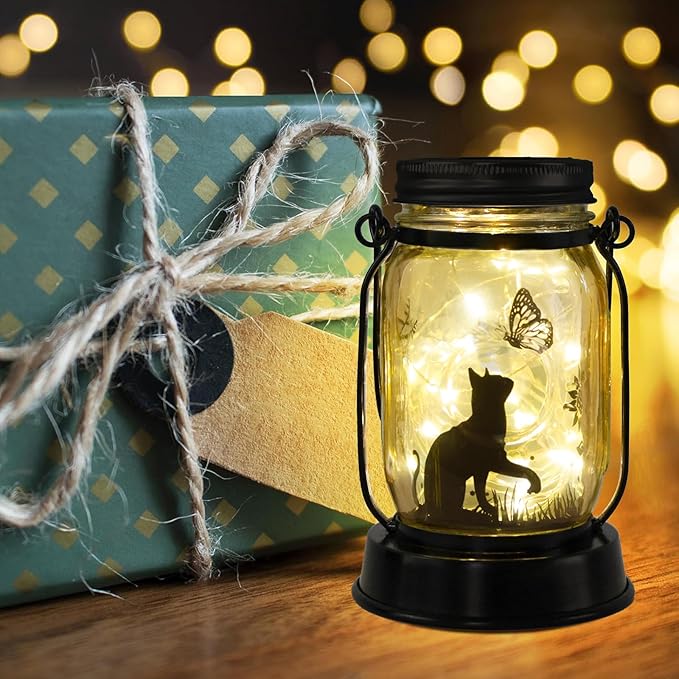 Cat Gifts Cat Lover Gifts for Women/Mom/Grandma/Sister, Mother Day Gift, Cats Butterfly Solar Lights Outdoor Hanging Cat Lanterns Fairy Lights, Kitty Lamps Decor for Yard Lawn Garden Patio