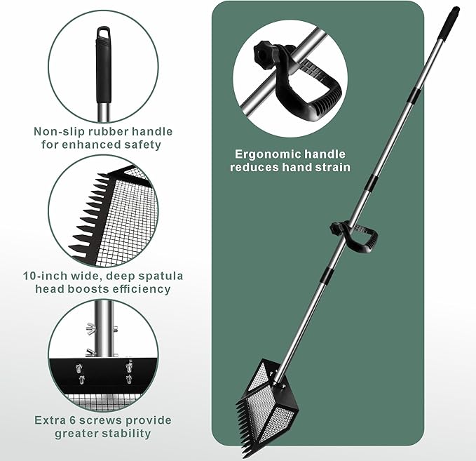 10" Chicken Poop Scooper & Rake Pooper Scooper Head for Sand Chicken Litter Scoop with Handle Litter Sifting Shovel with 29" to 56" Adjustable Handle Chicken Coop Accessories Tool for Clean