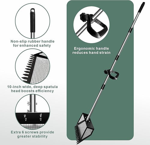 10" Chicken Poop Scooper & Rake Pooper Scooper Head for Sand Chicken Litter Scoop with Handle Litter Sifting Shovel with 29" to 56" Adjustable Handle Chicken Coop Accessories Tool for Clean