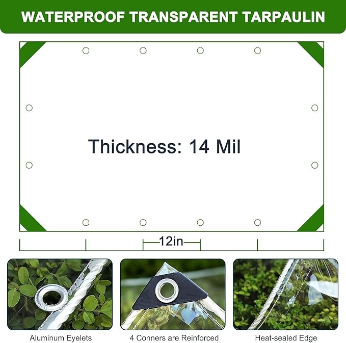 Clear Tarp,6x12ft Clear Tarps Heavy Duty Water Resistant with Reinforced Edge,14Mil Thickened Transparent Tear Resistant Water Resistant PVC Vinyl Tarpaulin Enclosure for Porch,Greenhouse Outdoor