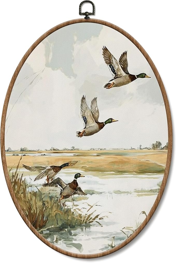 Yorhifa Vintage Mallard Duck Framed Wall Art, Cottagecore Country Duck Landscape Oval Wall Art, Rustic Cabin Farm Animal Oval Walls Decor, Farmhouse Marshland Canvas Artwork Hanging Decor, 8.5x11.5in