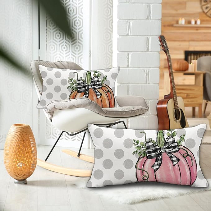 Fall Polka Dots Pumpkin Pillow Covers 12x20 inch Farmhouse Seasonal Autumn Thanksgiving Decor Throw Cushion Case for Home Couch Pillowcase (Pink)