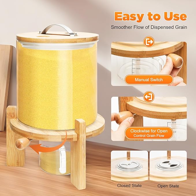 5L Glass Rice Dispenser with Bamboo Stand, 8-10 Lbs Cereal Container with Glass Measuring Cup,Large Airtight Food Organization Storage Bin for Grain, Coffee Bean, Dry Food