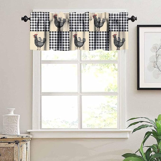 Farmhouse Rooster Kitchen Curtains Rustic Retro Abstract Chicken Black White Buffalo Plaid Rod Pocket Curtain Valance for Kitchen Bedroom Living Room Decor 1 Panel W54xL18 Inch