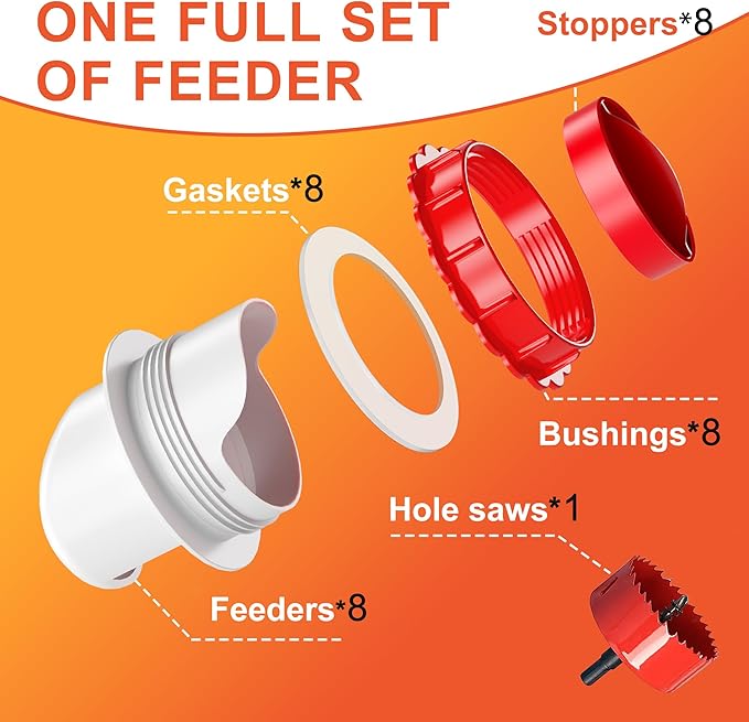 DIY Chicken Feeders No Waste, 8 Ports Poultry Feeder with Hole Saw for Buckets Troughs Red