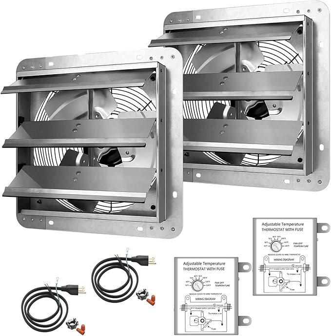iPower 12 Inch Shutter Exhaust Fan Aluminum High Speed 1620RPM, 1800CFM, Silver, with Adjustable Programmable Thermostat, 2 Pack