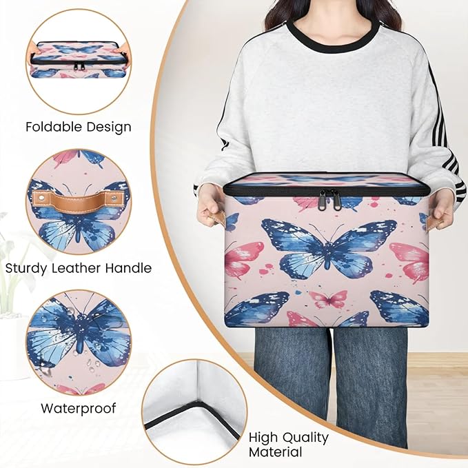 Storage Cubes with Lid Fabric Storage Bins Boxes PU Leather Handles, Colorful Butterfly Closet Organizer Container Foldable Washable Shelf Cloth Basket, Cute Butterfly