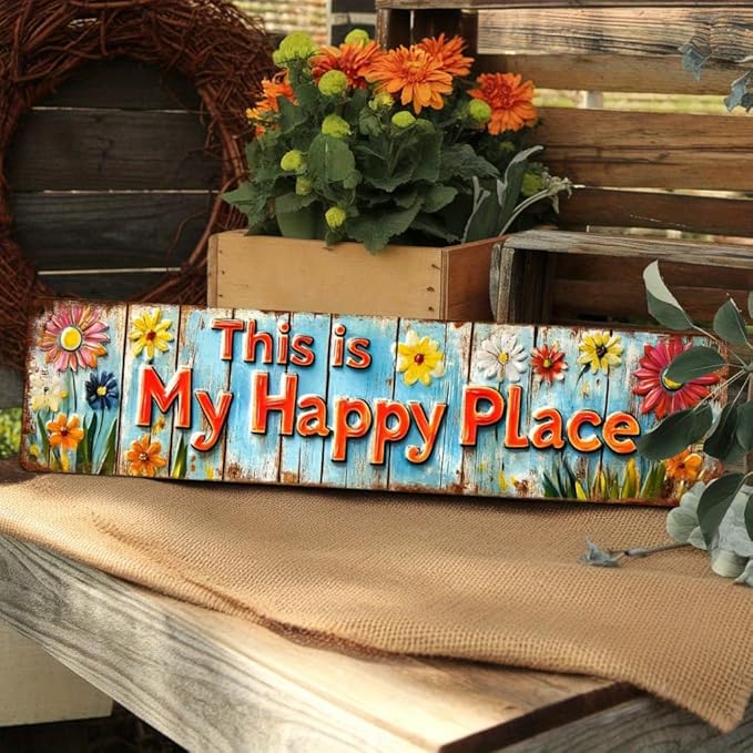 This is My Happy Place Metal Tin Sign Rustic Floral Wall Decor for Farmhouse Kitchen Living Room Bedroom Entryway 4x16 Inch