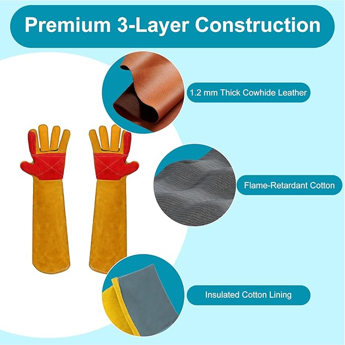 Welding Gloves 23.6" Heat-Resistant Leather, Long Gauntlet Forearm Protection for TIG/MIG, Also for Animal Handling