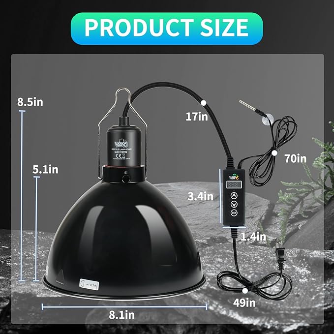LUCKY HERP Reptile Light Fixture with Dimming Thermostat & Timer, Aluminum 8.5inch Dome Reptile Lamp Fixture, Heat Lamp Fixture for UVB Bulb Basking Heat Bulb