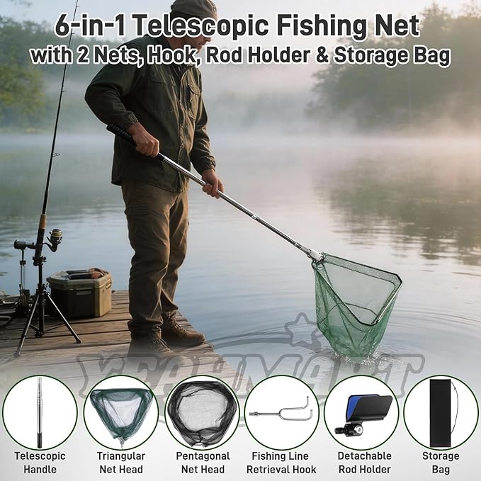 Yeahmart Telescoping Fishing Net, 61" Foldable Landing Net with 2 Interchangeable Heads & Rescue Hook, 4-in-1 Long Handle Fish Net for Kayak, Boat, Bass, Freshwater & Saltwater Fishing Gear