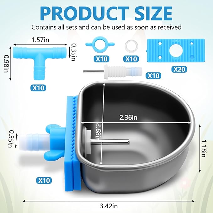 10 Pcs Rabbit Water Bowls Nipple Drinker 2.56 x 2.36 x 1.18 Inch 304 Stainless Steel Rabbit Breeding Drinking Waterer Removable Hanging Bunny Water Bowl for for Cages Small Animals