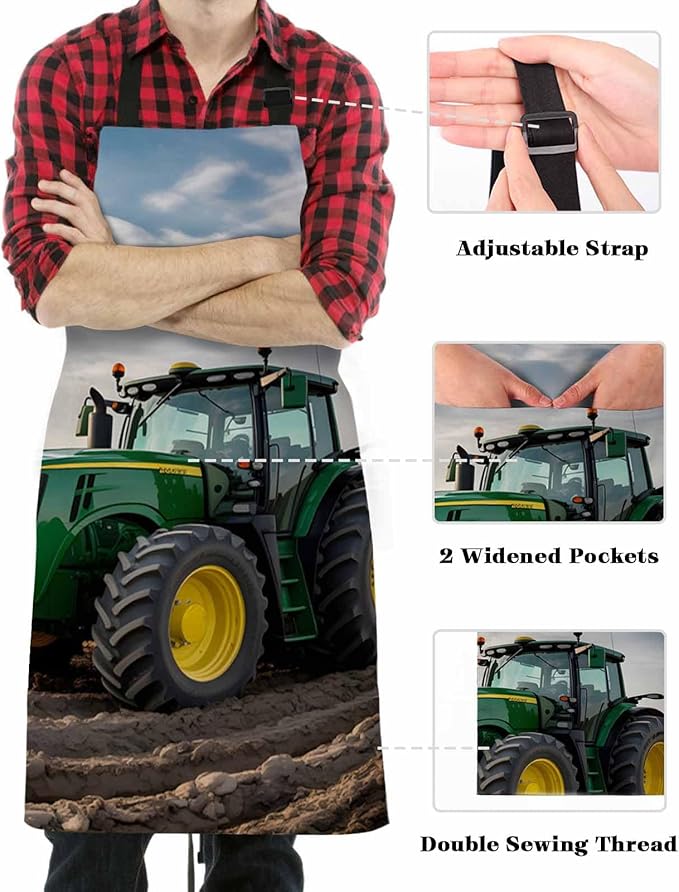 Farm Tractor Bib Aprons for Women With Pockets, Green Truck Country Rustic Field Harvester Waterproof Canvas Chef Kitchen Cooking Apron