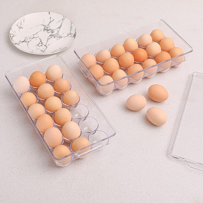Sooyee 2 Pack Egg Holder for Refrigerator, Plastic Egg Storage Container, Fridge Egg Organizer, Clear Refrigerator Organizer Bins with Lids, Stackable Tray Holds 18 Eggs