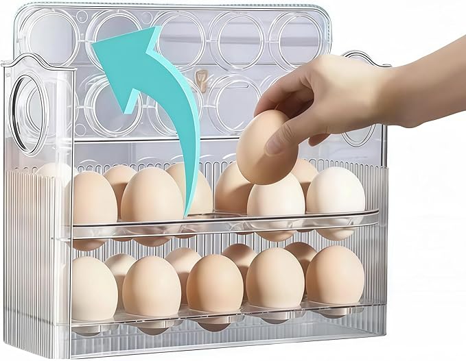 Auto-Flip egg storage for refrigerator，side fridge storage rack egg tray for refrigerator，Eggs Holder Countertop with Timers, Space-Saving Eggs Dispenser for Refrigerator, 30 Eggs Container for