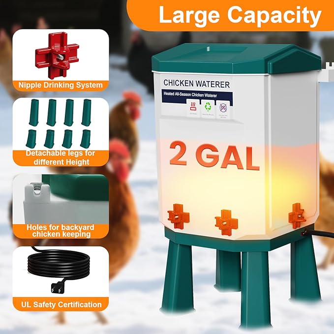 Heated Chicken Waterer 2 Gallon, Chicken Water Heater for Winter, Freeze Proof Chicken Waterer, 4 Nipples for Clean Water，Detachable Legs, Adjustable Height for Chickens, Pigeons, Beaked Poultry