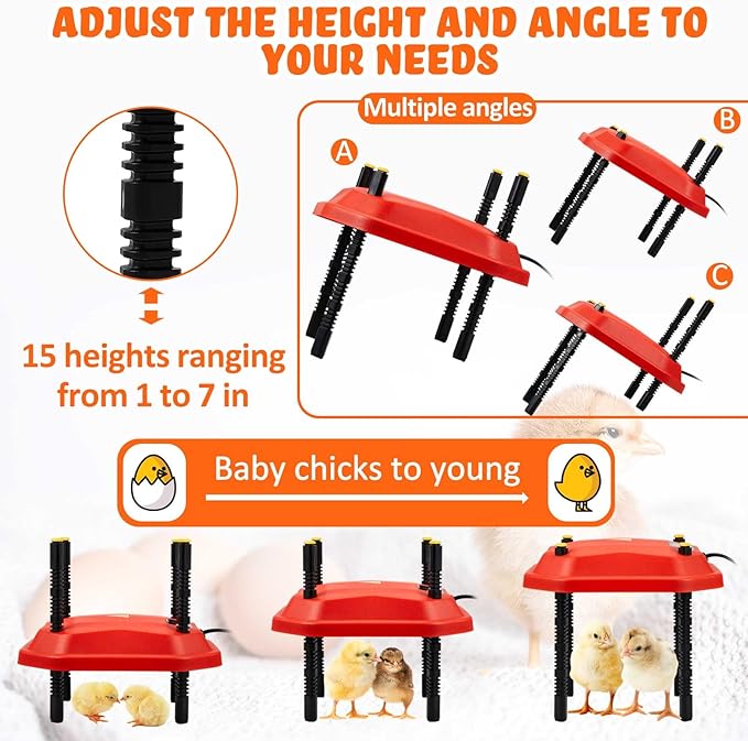 Chick Heating Plate 10x10 Inch, 13W Adjustable Brooder Heater Set with Chick Feeder & Waterer, Safe Low Watt Warming Plate with Adjustable Height for Chicks, Quail & Duck