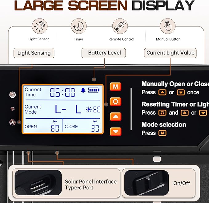 Automatic Chicken Coop Door Solar Powered, Extra Large Auto Chicken Door Mix 4 Modes with Timer & Light Sensor, USB-c Charging, Anti pinch & Alert, Remote, LED Screen, Aluminum Weather Proof Coop Door