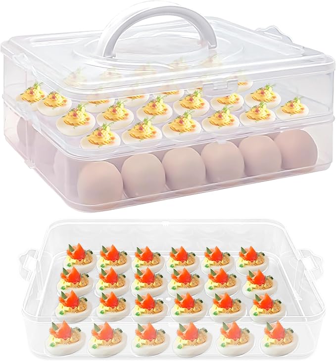 2-Layer Egg Holder for 48 Eggs,Plastic Egg Container with Handle,Deviled Egg Tray with Handle Lid,Devil Egg Holder for Refrigerator,Kitchen,Easter Day Party Containers