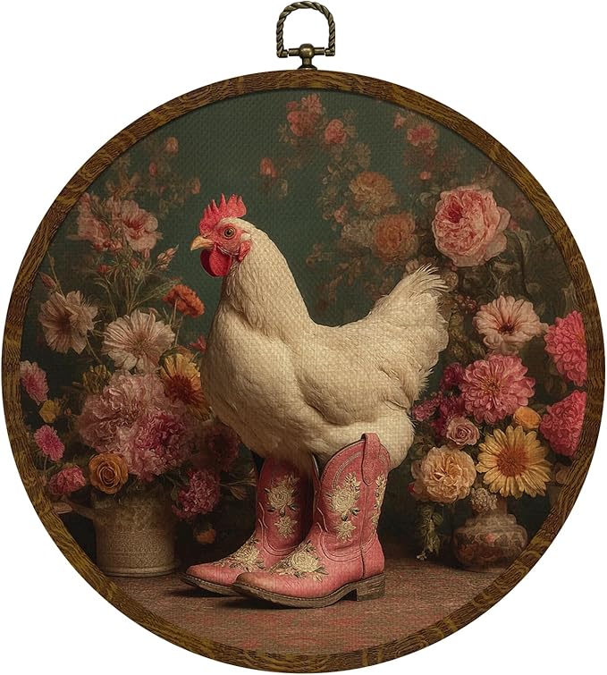KLYTINK Pastoral Gothic Chicken Round Wall Art – 10"x10" Retro Floral Canvas Hanging Decor with Pink Cowboy Boots, Funny Farmhouse Animal Print for Kitchen, Entryway or Gift (BY0635)
