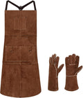 eletecpro Heavy Duty Leather Welding Apron Genuine Cowhide Flame & Heat Resistant Adjustable 42Lx24W with 6 Tool Pockets and Gloves for Mechanic, BBQ, Woodworking, Gardening, Men & Women Gift, Brown