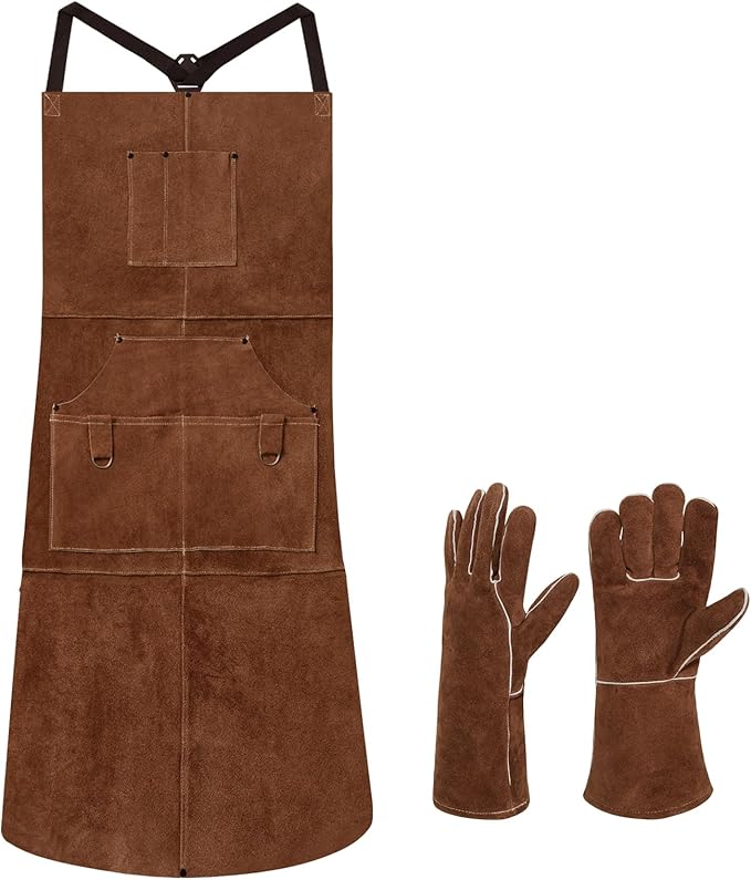 eletecpro Heavy Duty Leather Welding Apron Genuine Cowhide Flame & Heat Resistant Adjustable 42Lx24W with 6 Tool Pockets and Gloves for Mechanic, BBQ, Woodworking, Gardening, Men & Women Gift, Brown