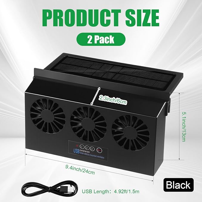 2 Pack Solar Powered Car Exhaust Fan 3 Fans Car Window 4500 RPM Air Vent Radiator Solar Energy Cooling Vent Exhaust for General Types(Rechargeable & Solar 3 Fans,Black)