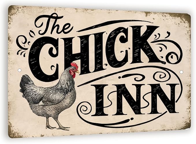 Vintage-Style "The Chick Inn" Sign - Rustic Farmhouse Decor with Detailed Chicken Illustration, 8" x 12"