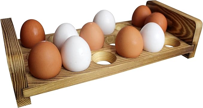 Expandable Stackable Wooden Egg Holder Countertop for 18 Eggs, Rustic Kitchen Decoration, Compact Egg Rack for Counter - Chicken Decor Design - Gui's Chicken Coop (Top Rack)