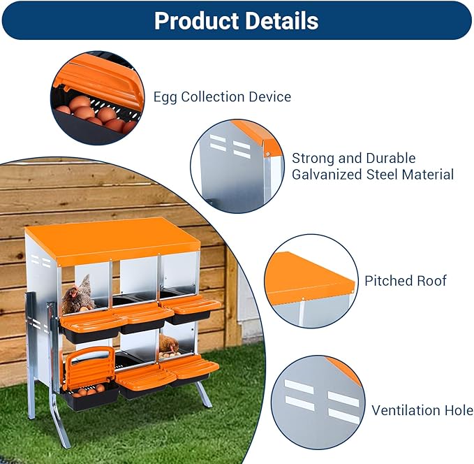 Nesting Boxes for Chickens, 6 Compartments Chicken Nesting Box, Chicken Laying Boxes with Lid Cover, Roll Away Nesting Box for Chickens Laying Egg, with Metal Bracket, Orange