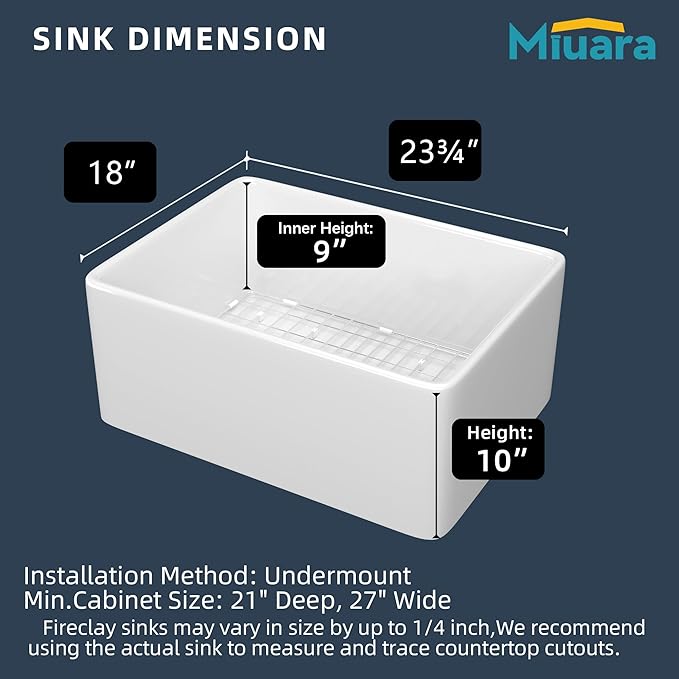 Miuara Farmhouse Sink 24 Inch - Small Apron Front Undermount Kitchen Sink Reversible 24"x18"x10", Farm House Style Single Bowl, Heavy Duty Solid Fireclay, Glossy White, for Kitchen & Laundry