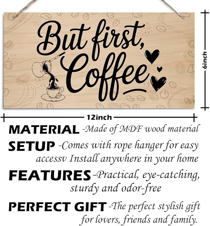 But First Coffee Decorative Sign, Coffee Bar Wooden Hanging Decor Sign, Vintage Kitchen Decor, Retro Wood Grain Decoration, Rustic Wooden Signs for Kitchen Cafe Bar 12 x 6 Inches