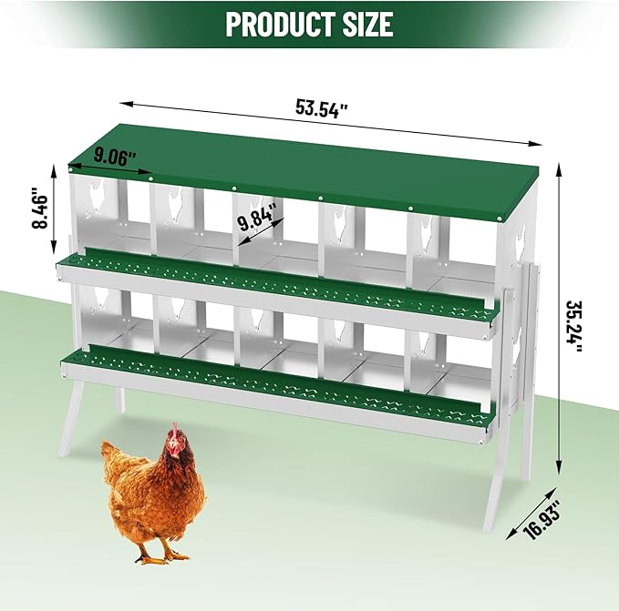 Metal Chicken Nesting Boxes, Heavy-Duty Galvanized Steel Egg Laying Box with 10 Compartments, Rustproof, Easy to Install & Clean, Wall-Mountable Design for Poultry Coops- Green with Stand