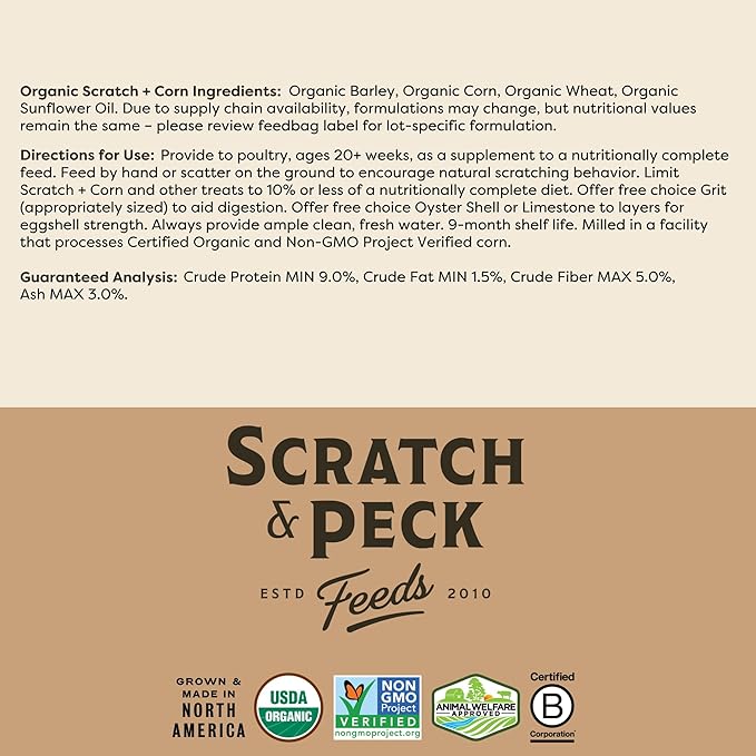 Scratch and Peck Feeds Whole Grain Scratch + Corn Chicken and Duck Supplemental Grain - Soy-Free - 9% Protein, Certified Organic and Non-GMO Project Verified Chicken Food - 50 lbs Bag