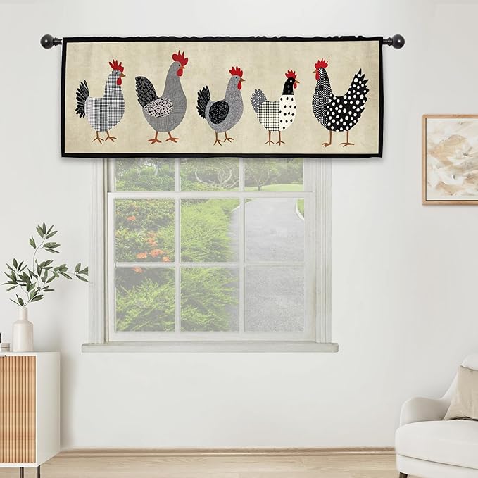 Chicken Rooster Kitchen Curtain Valance 54W x 18L Inch Farm Rural Vintage Retro Country Rod Pocket Short Cafe Small Window Treatment Drapes Decor