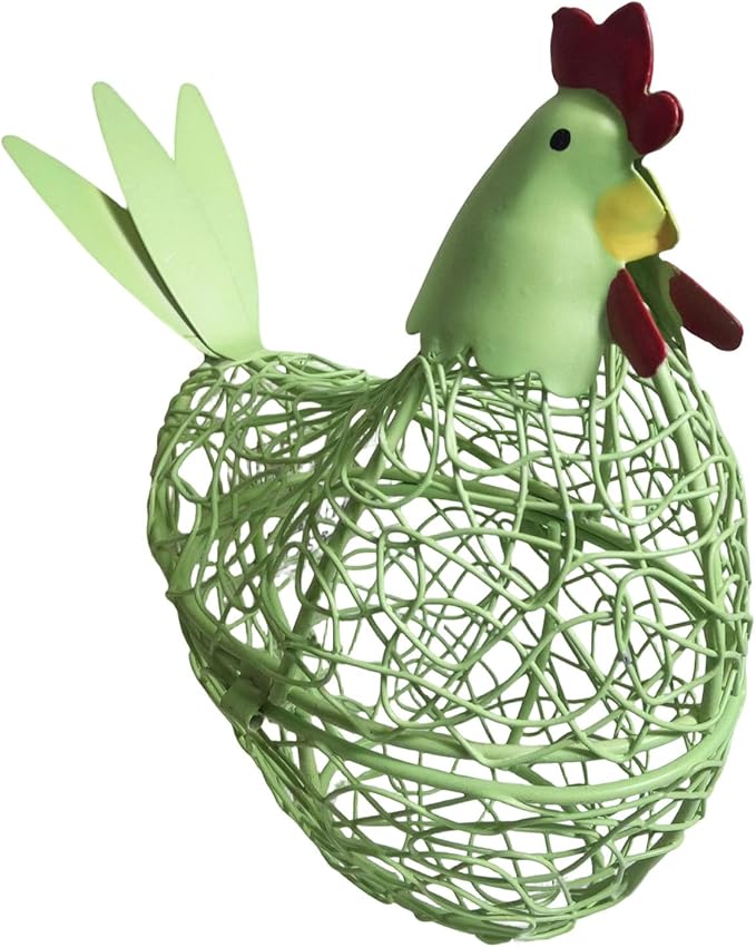 Iron Wire Hen Shape Egg Basket, Egg Holder Farm Fresh Egg Storage Container Decorative, Chicken Decoration for Kitchen Dining (Green)