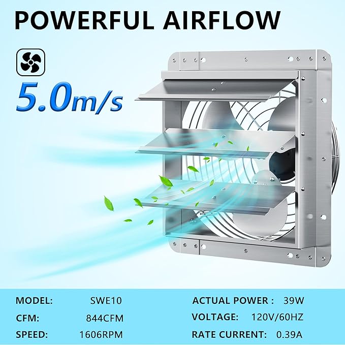 10 Inch Shutter Exhaust Fan, Aluminum Wall Mounted Exhaust Fan, 844 CFM High Speed Automatic Shutter Attic Fan, Vent Fan For Greenhouse,Shed,Shop,Garage