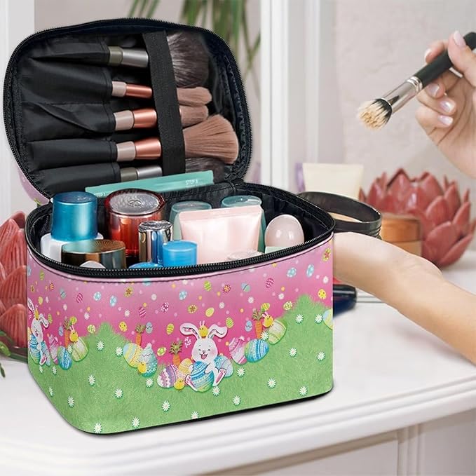 Rabbit Easter Egg Floral Grass Print Travel Makeup Bags for Women Portable Tote Cosmetic Case with Carry Handle Toiletry Accessories Storage Organizer Bags