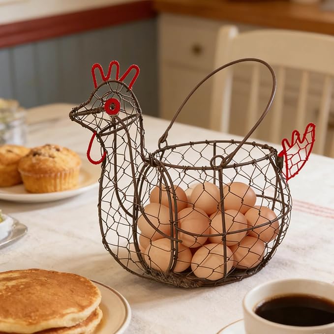 TAIANLE. Wire Chicken Egg Basket for Gathering Fresh Eggs, Rustic Rooster Shaped Egg Collecting Basket for Farm Fresh Eggs with Handle, Kitchen Countertop Storage, Vintage Farmhouse Decor Organizer
