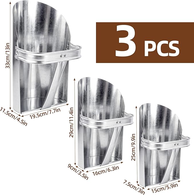 3 Pack Galvanized Feed Scoop Set, Heavy Duty Metal Grain Scoop for Livestock, Horse & Chicken, 3 Sizes with Rolled Edges & Flat Base for Farm, Coop, Gardening