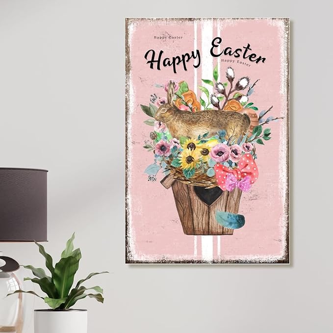Happy Easter Flower Basket Bunny Wall Hanging Plaques French Style Floral Pink Stripes Wooden Sign Plaque Happy Easter Welcome Spring Wood Plaque for Home Office Porch 12x18in