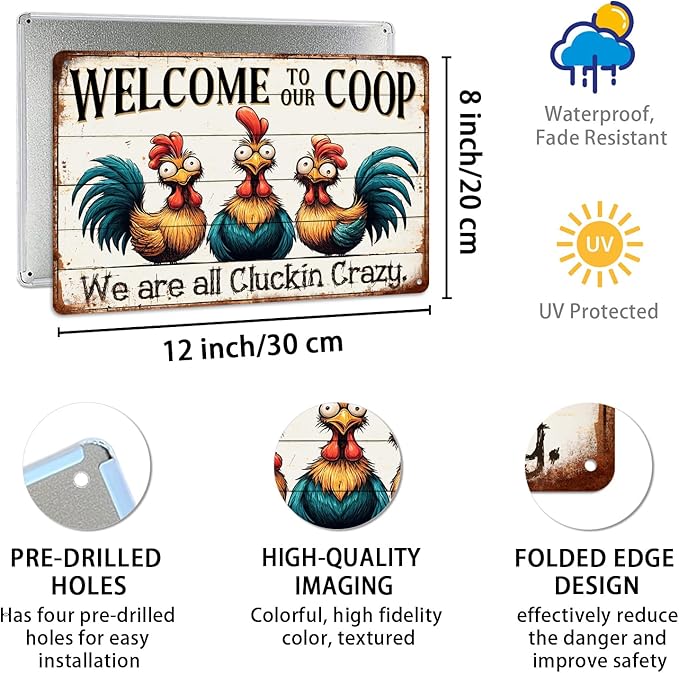 Welcome to Our Coop Sign We Are All Cluckin Crazy Metal Tin Sign Farmhouse Kitchen Coop Decor Funny Novelty Chicken Coop Accessories Farm Wall Decor 8x12 Inch