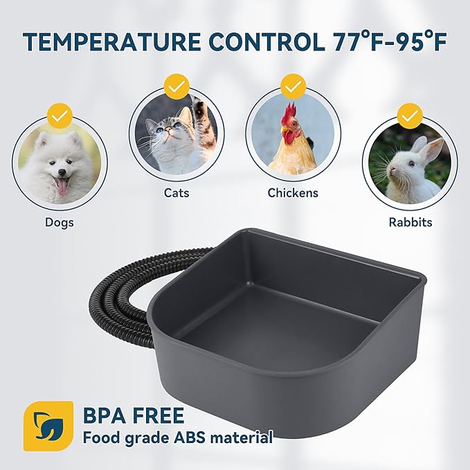 PETLESO Heated Water Bowl for Cats Rabbits, Hanging Dog Heating Dish for Cage Kennel Anti-Freeze, No Spill Heated Bowl for Rabbits Chickens Birds Small Animals, Indoor/Outdoor Use, 1L