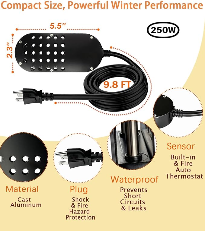 250W Chicken Waterer Heater, Thermostatic Control Chicken Waterer Deicer Ice Melter for Bird Duck Goose