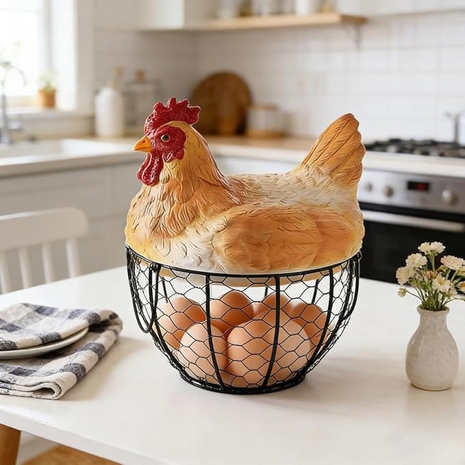 Egg Collecting Basket, Wire Egg Basket For Gathering Fresh Eggs, Metal Farm Fresh Eggs Storage Holder With Lid For Kitchen Countertop