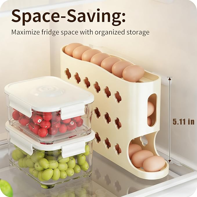 2026 Egg Holder for Fridge, Eggs Dispenser Auto Rolling, No Assembly Required Easy Access, Save Refrigerator Space, And Prevent Egg from Breaking, Large Capacity / Holds 30 Eggs (Beige)