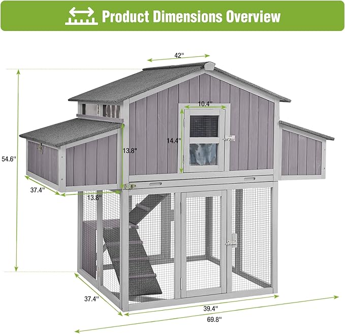 GUTINNEEN Large Foldable Chicken Coop Wooden with Nesting Boxes, Two-Tier Chicken House with Run, PVC-Covered Nest Box, Easy Clean Tray, Predator-Proof Outdoor Poultry Cage for 4–6 Chickens