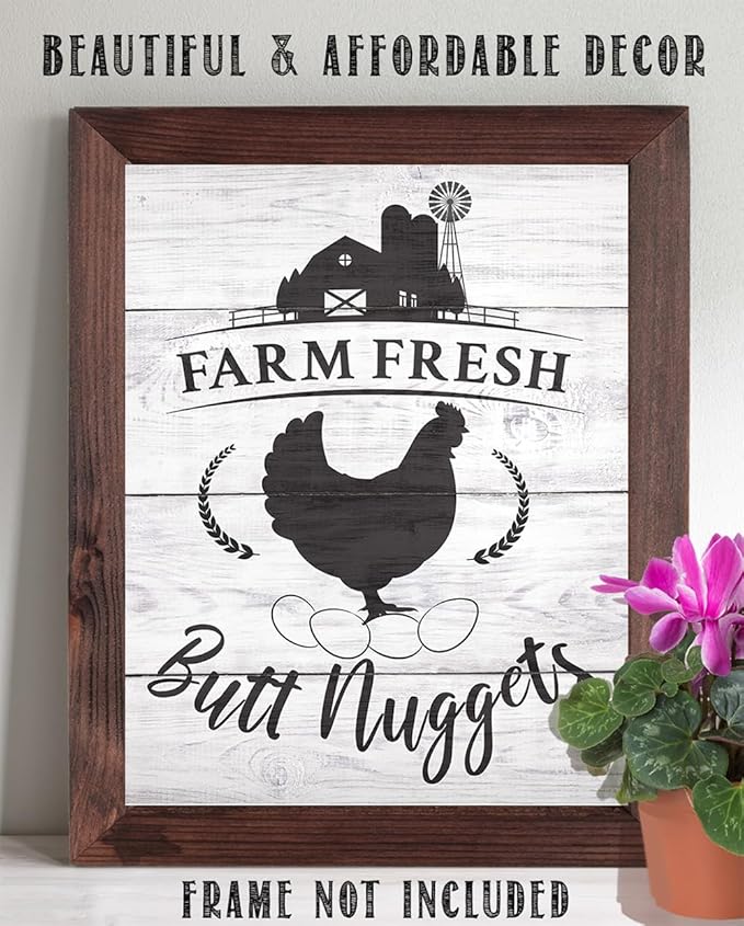 Farm Fresh Butt Nuggets - Farm Animal Chicken Coop 11x14 Unframed Print, Funny Chicken Sign for Farmhouse Decor, Rustic Country Wall Art, Kitchen Decor, Farm Fresh Eggs Wall Art, Cottagecore Style